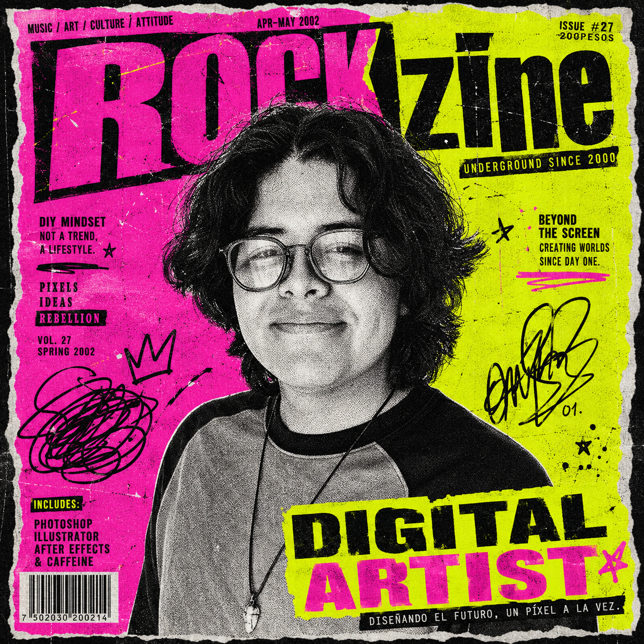 Retrato collage de Uriel Urbano estilo revista de rock